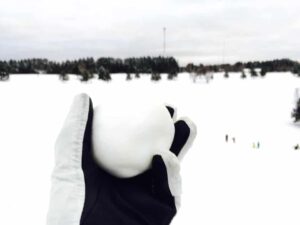 winter glove holds snowball