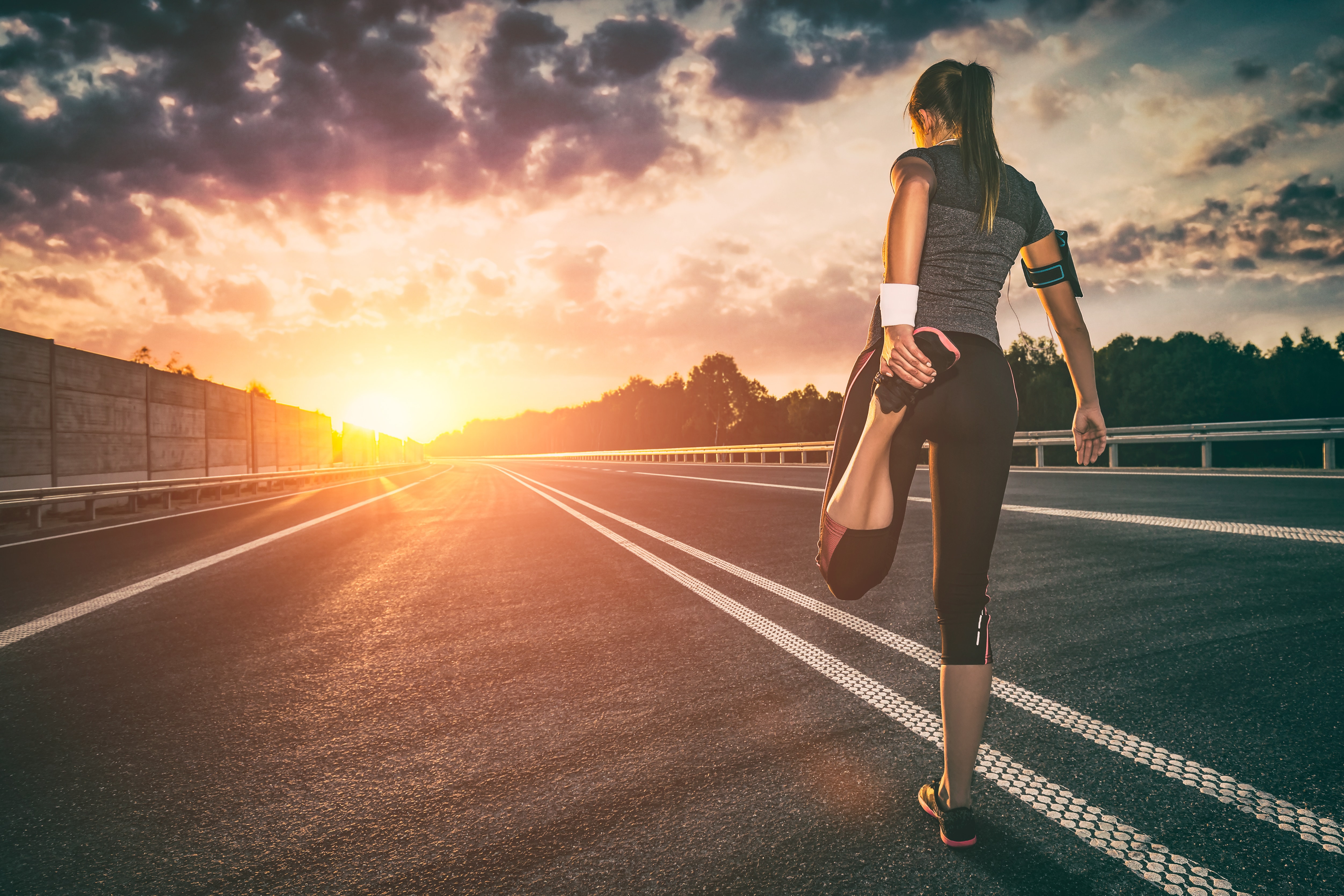 stretching run runner road jogging clothes flare sunset street fitness cross sunbeam success running sportswear